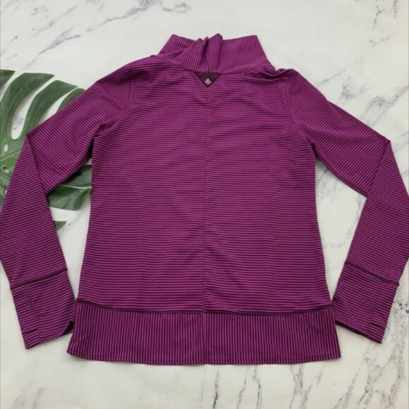 Prana Womens Marin Cowl Neck Pullover Top Size L Pink Purple Striped Thumb Holes - Picture 2 of 3